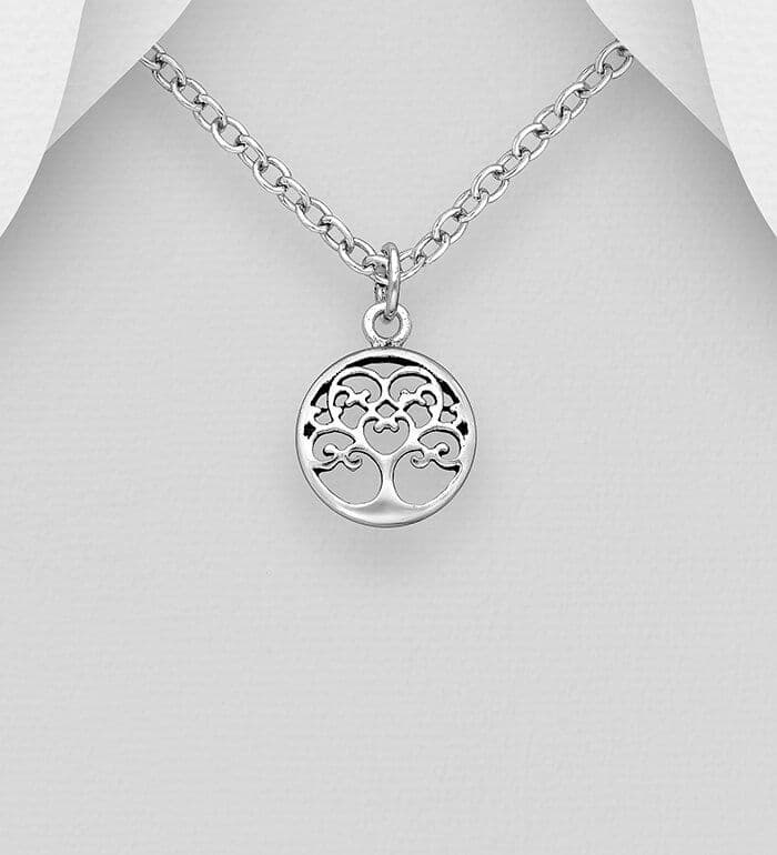 925 Sterling Silver Small Round Oxidized Tree Of Life Pendant & Chain