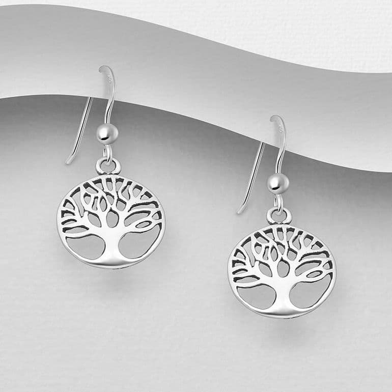 925 Sterling Silver Small Round Tree Of Life Hook/Drop Earrings