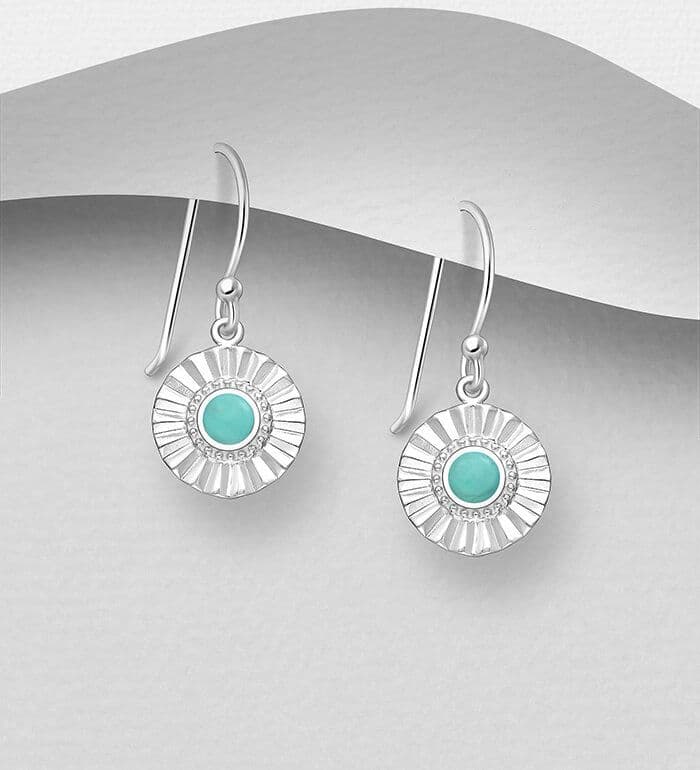 925 Sterling Silver Solid Round Crinkled Surround Hook/Drop Earrings, Decorated with Blue Resin