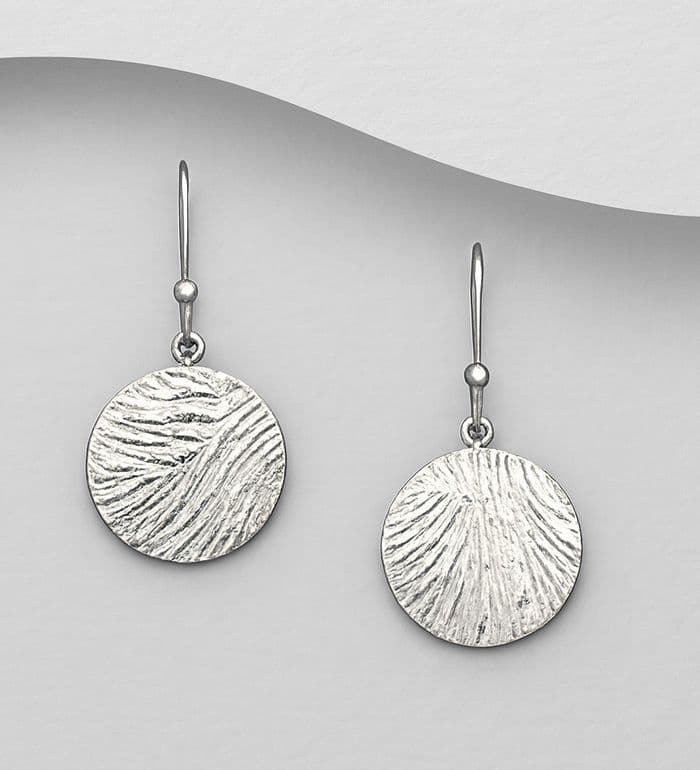 925 Sterling Silver Solid Round Disk Drop Earrings  Hammered Finish