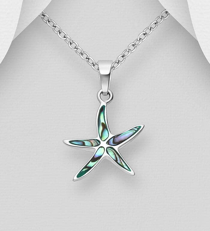 925 Sterling Silver Starfish Pendant Decorated with Genuine Abalone Shell