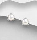 925 Sterling Silver Stud Earrings, Decorated with 6mm Freshwater Pearls and CZ Simulated Diamonds