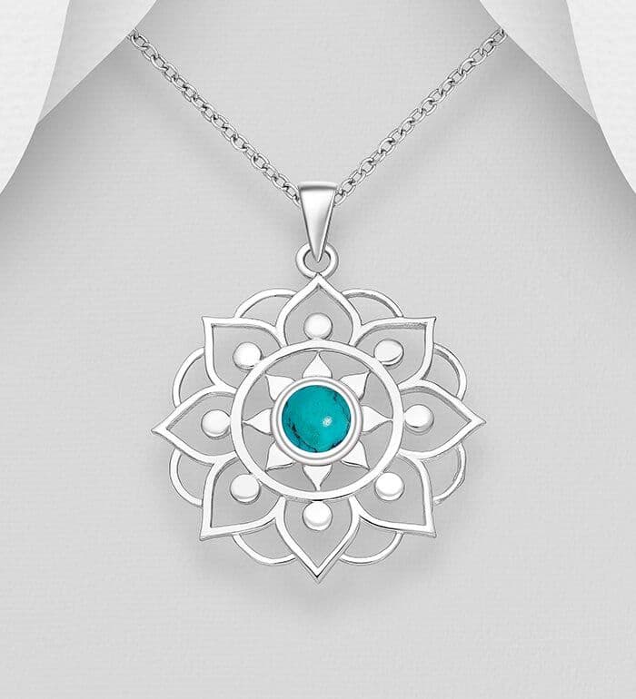 925 Sterling Silver Stunning Lotus Pendant & Chain, adorned with Green Resin