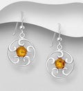 925 Sterling Silver Swirl Hook/Drop Earrings, Decorated with Baltic Amber