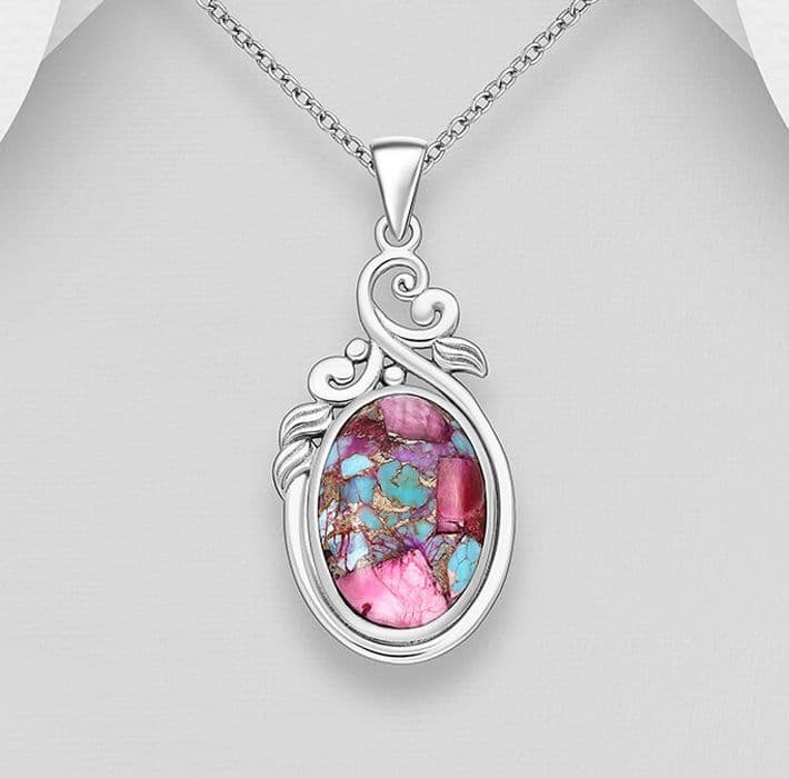 925 Sterling Silver Swirl Pendant/Chain, Decorated with  Reconstructed Copper Turquoise