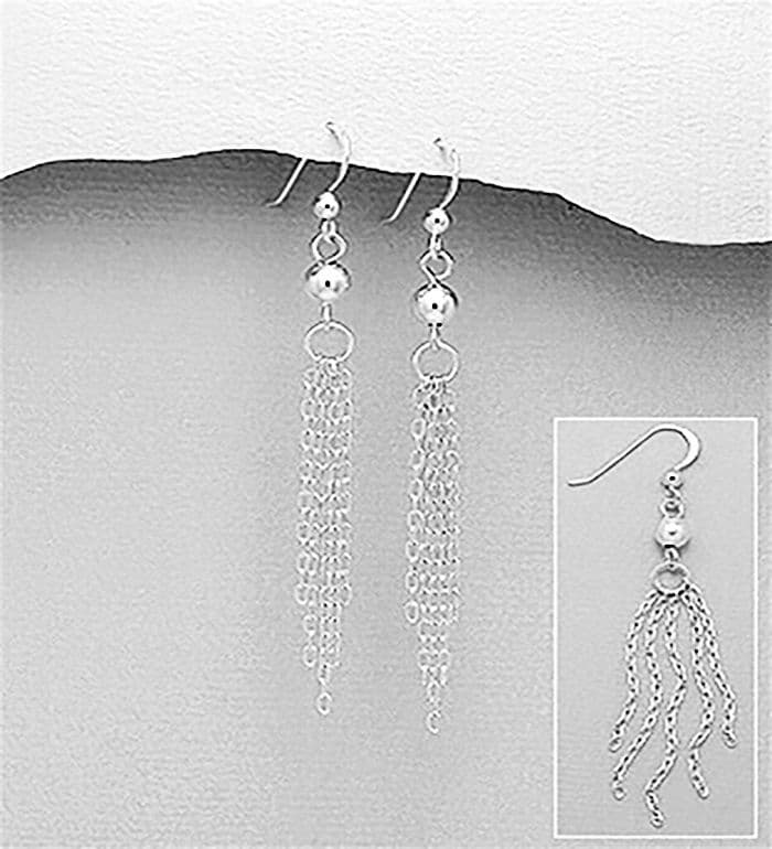 925 Sterling Silver Tassel & Ball Hook/Drop Earrings