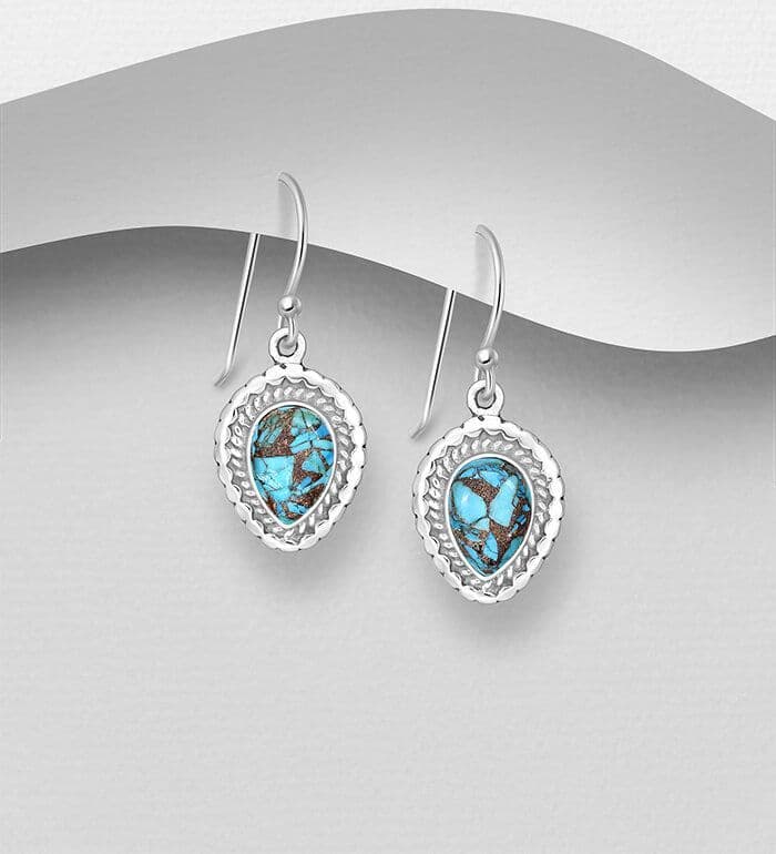 925 Sterling Silver Tear Drop Hook/Drop Earrings, Decorated with Reconstructed Copper Turquoise