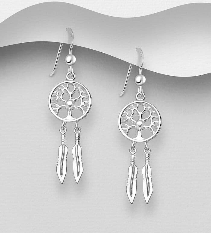 925 Sterling Silver Tree of Life  Dream Catcher Hook/Drop Earrings
