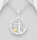 925 Sterling Silver Tree of Life/Heart Pendant & Chain, Heart Plated with 18K Yellow Gold