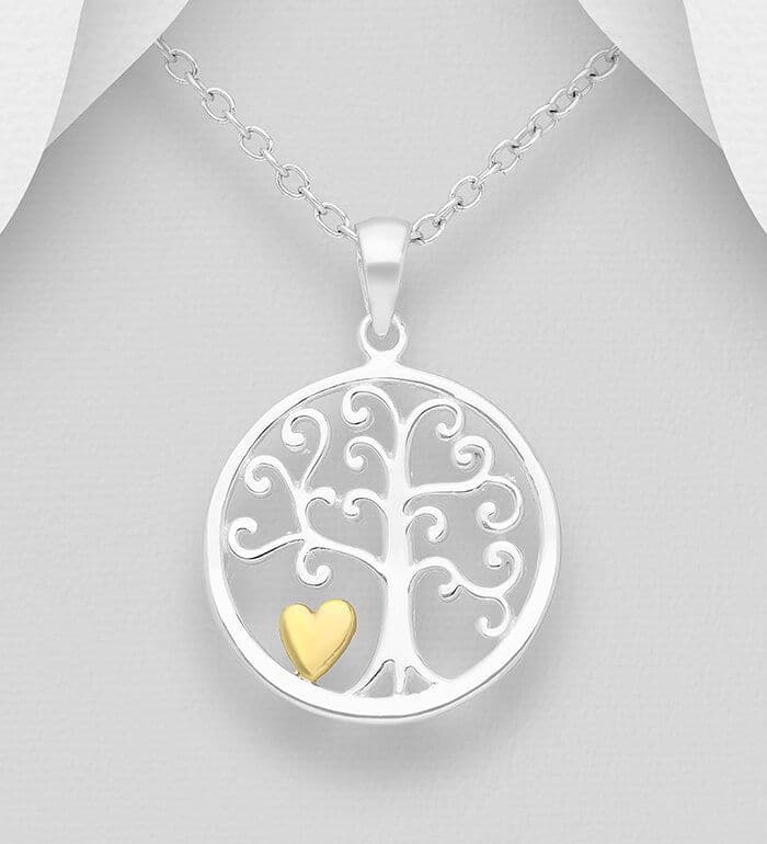 925 Sterling Silver Tree of Life/Heart Pendant & Chain, Heart Plated with 18K Yellow Gold