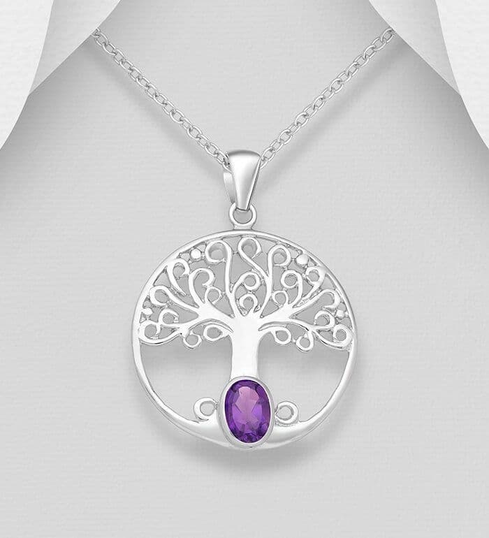 925 Sterling Silver Tree of Life Pendant & Chain, Decorated with a Amethyst Gemstone