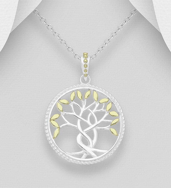 925 Sterling Silver Tree of Life Pendant & Chain, Leaves Plated with 18K Yellow Gold