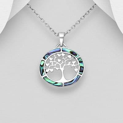 925 Sterling Silver Tree Of Life Pendant & Chain, Decorated with Abalone Shell