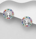 925 Sterling Silver Tree of Life Push-Back Earrings, Decorated with CZ Simulated Coloured Gem Stone