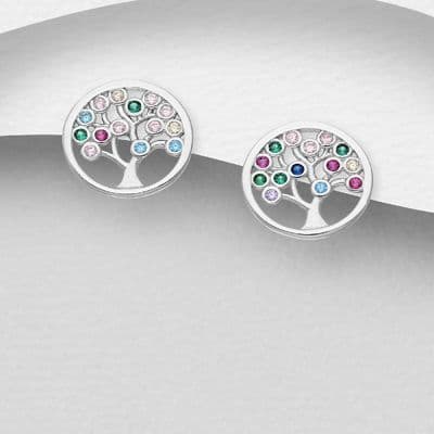 925 Sterling Silver Tree of Life  Stud Earrings, Decorated with Colourful CZ Simulated Diamonds