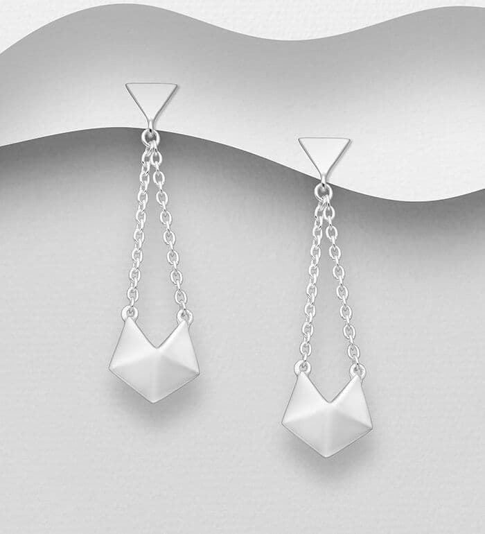 925 Sterling Silver Triangle & Chain Drop, Push-Back Earrings