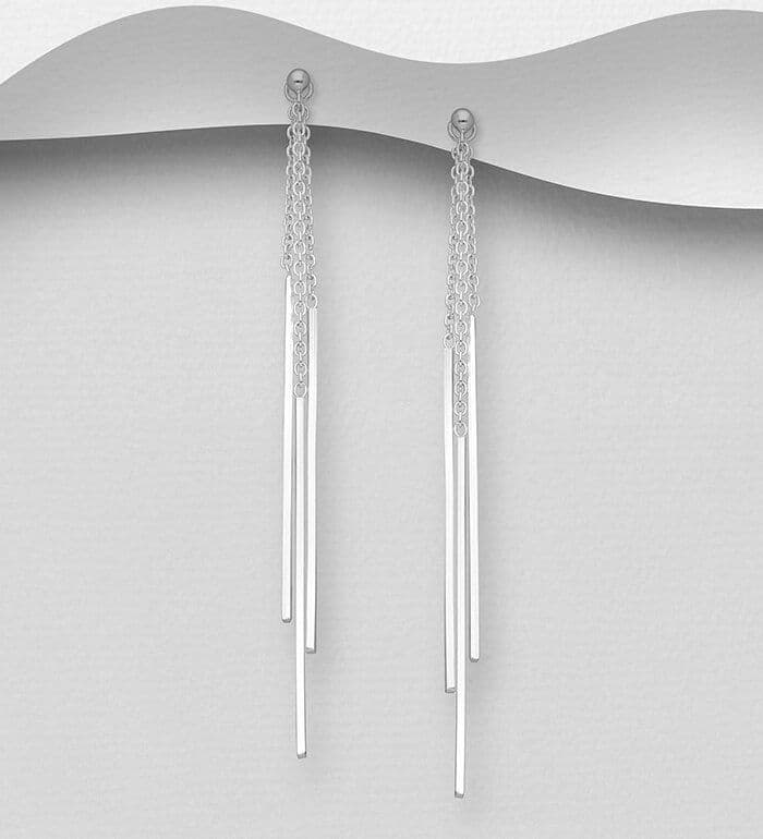 925 Sterling Silver Triple Bar & Chain Stud Type Drop Earrings