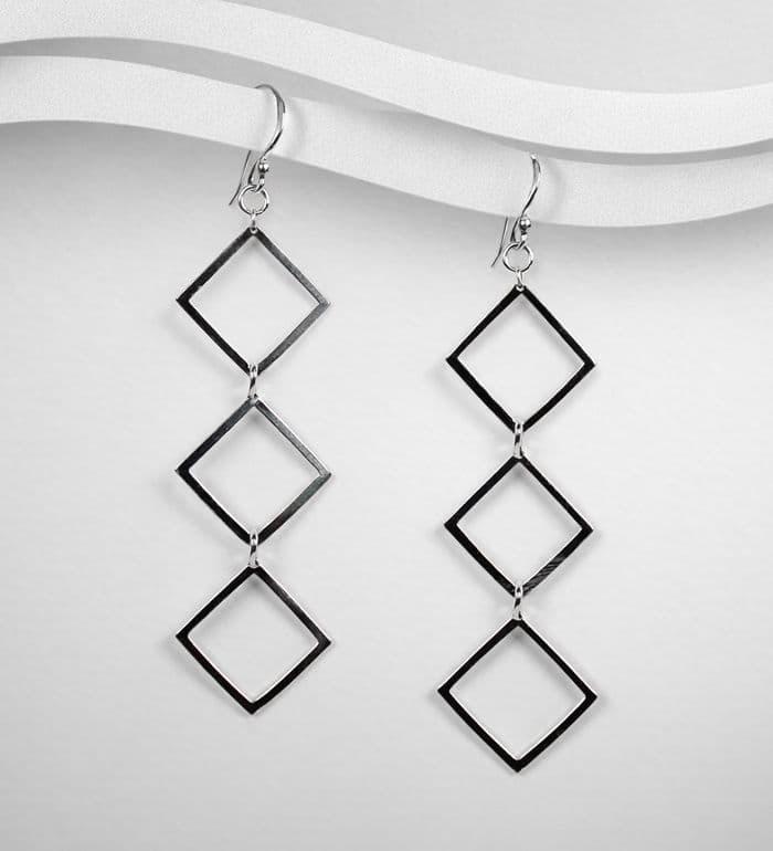 925 Sterling Silver Triple Diamond Drop/Hook Earrings  Polished Silver Finish