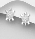 925 Sterling Silver Turtle Push-Back Earrings, Decorated with CZ Simulated Diamonds