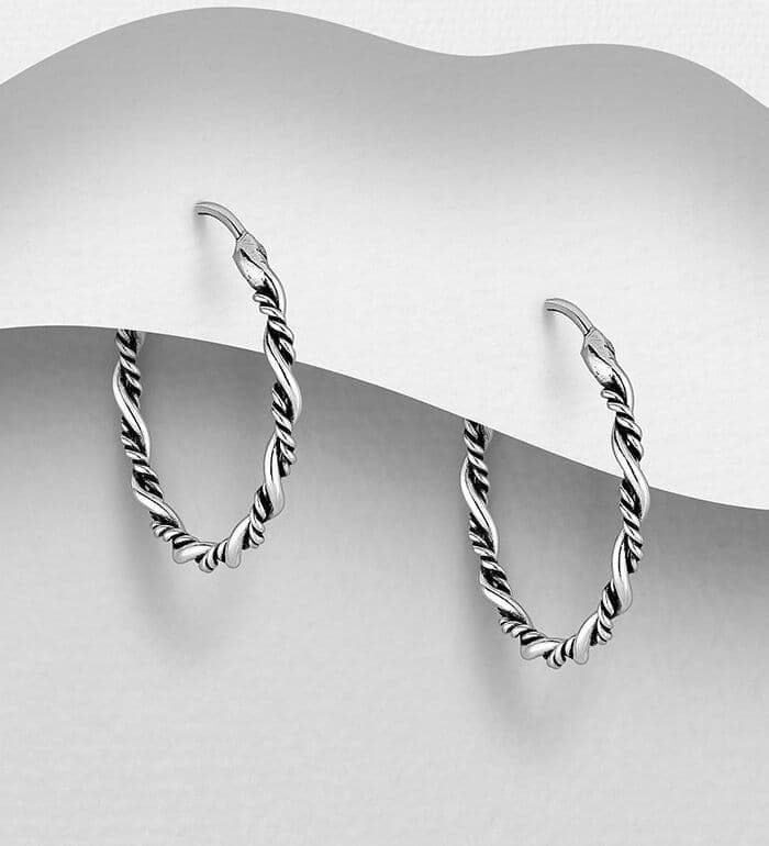 925 Sterling Silver Twisted Oxidised Hoop Earrings - 16 mm