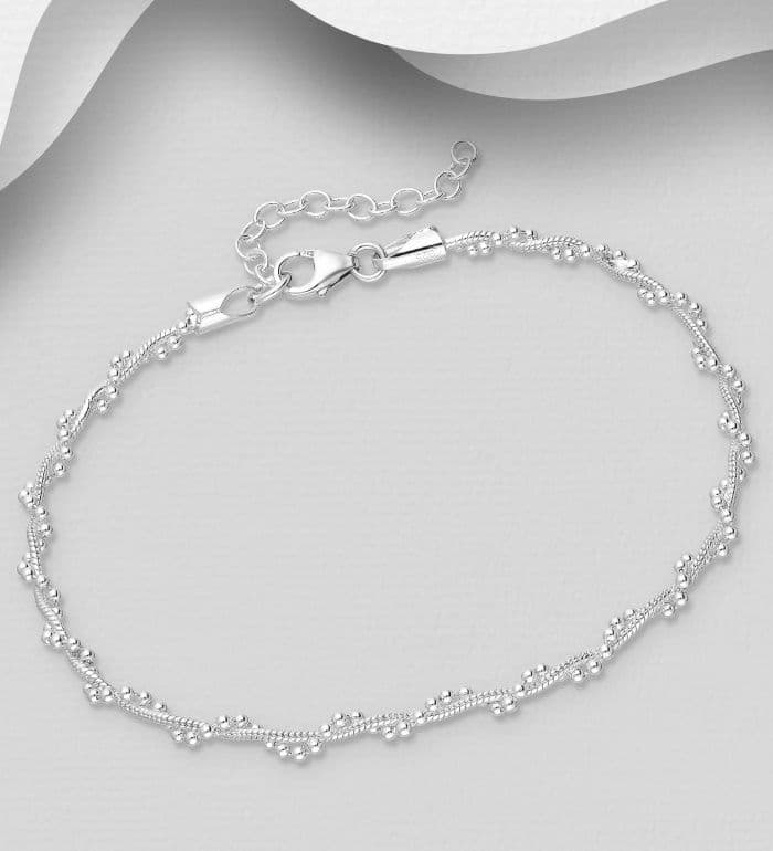 925 Sterling Silver Twisted Snake & Ball Bead Bracelet | 2mm | Adjustable
