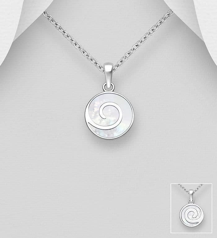 925 Sterling Silver Unique Spiral Wave Pendant & Chain with Mother of Pearl Shell Decoration