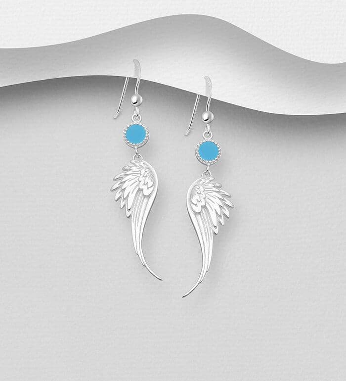925 Sterling Silver Wings Hook Earrings, Decorated with Sky Blue Enamel