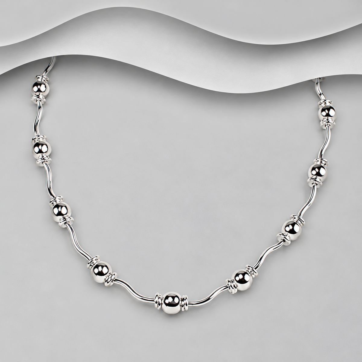 925 Sterling Silver Solid Polished Ball And Wave Necklace
