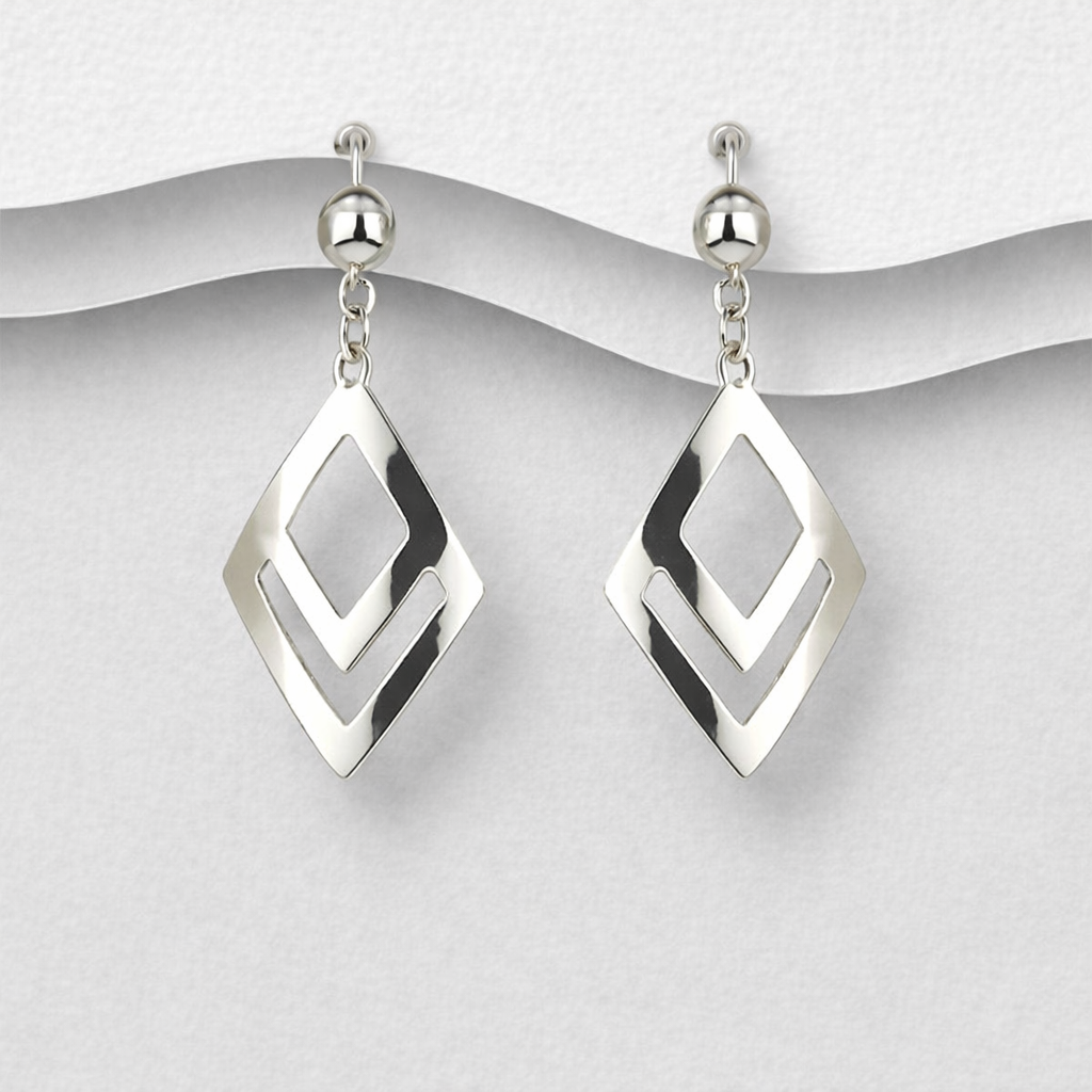 925 Sterling Silver Exquisite Square Hand Crafted Double Diamond Design Stud Push Backs/Drop Earring
