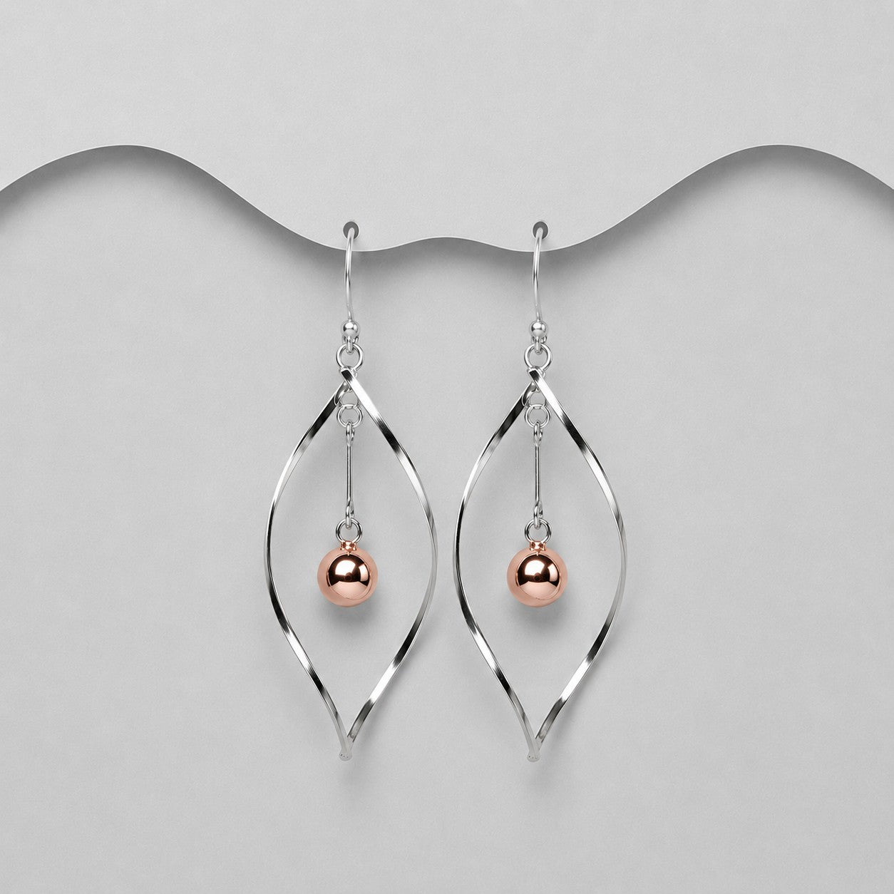 925 Sterling Silver Two Tone Twist Drop/Hook Earrings with Pink Ball