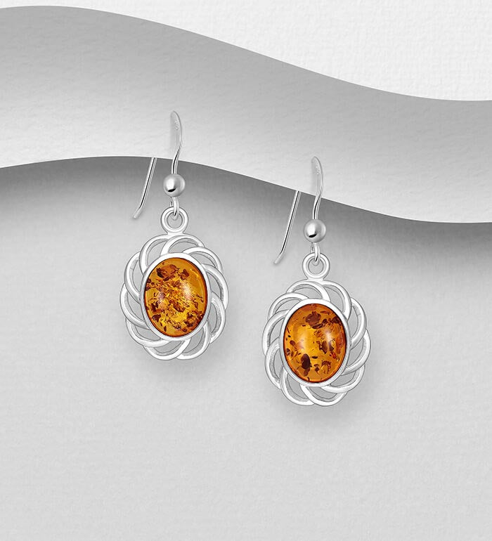 925 Sterling Silver Drop/Hook Earrings, Decorated with Stunning Baltic Amber