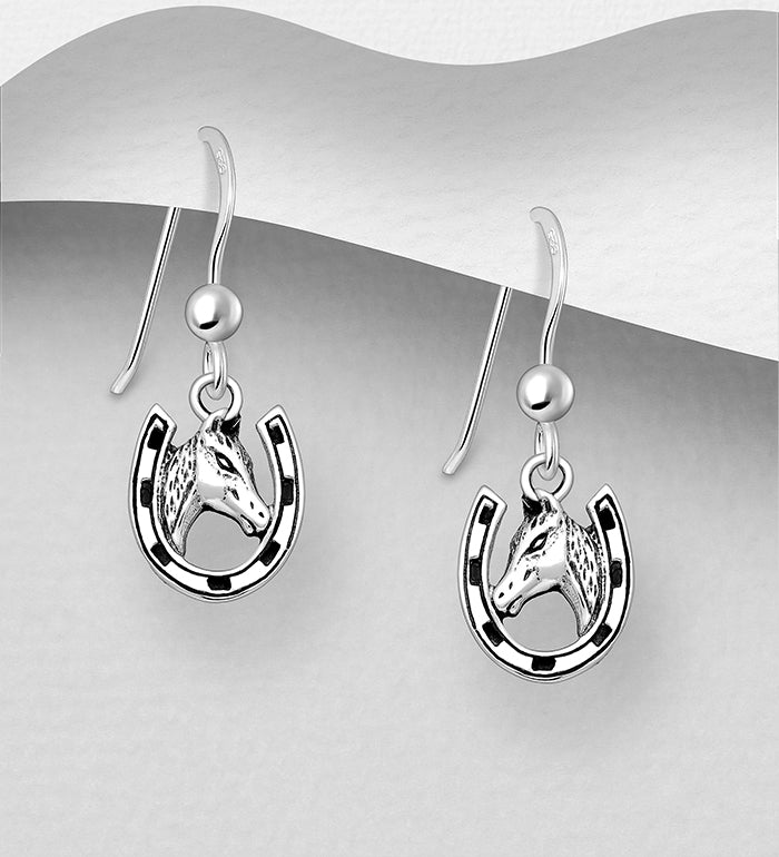 925 Sterling Silver Oxidised Horse & Horseshoe Hook Drop Earrings