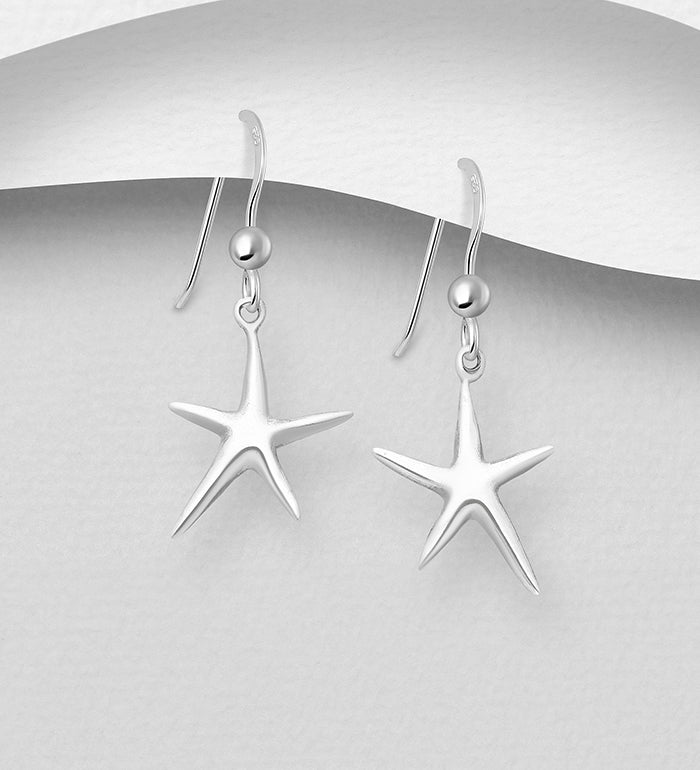 925 Sterling Silver Polished Starfish Hook/Drop Earrings