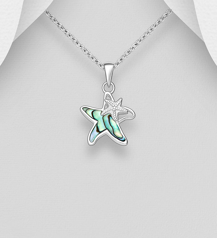 Sterling Silver Hand Crafted Starfish Pendant & Chain, Decorated with Abalone Shell