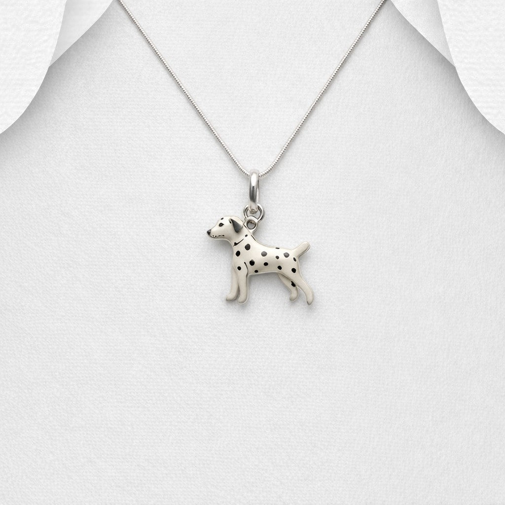 925 Sterling Silver & Enamel Cute Dalmatian Dog Pendant & Chain