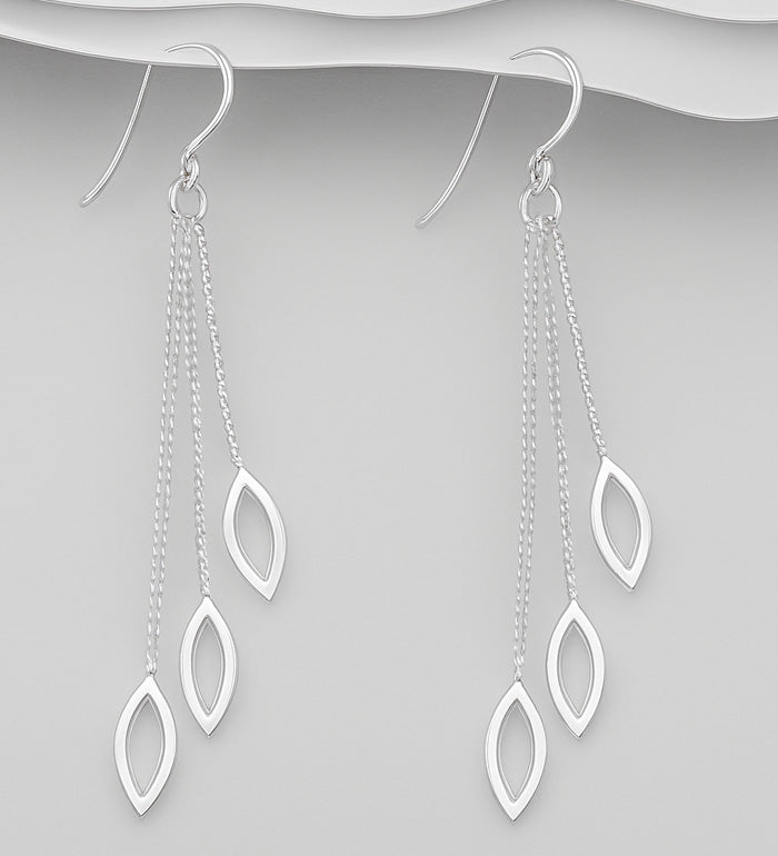 925 Sterling Silver Triple Marquise Design Drops Suspended on A box Chain Hook/Drop Earrings