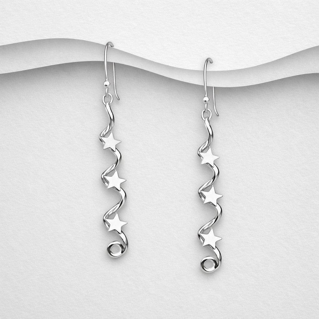 925 Sterling Silver Hand Crafted Corkscrew Drop Earrings Set With Stars — Exclusive