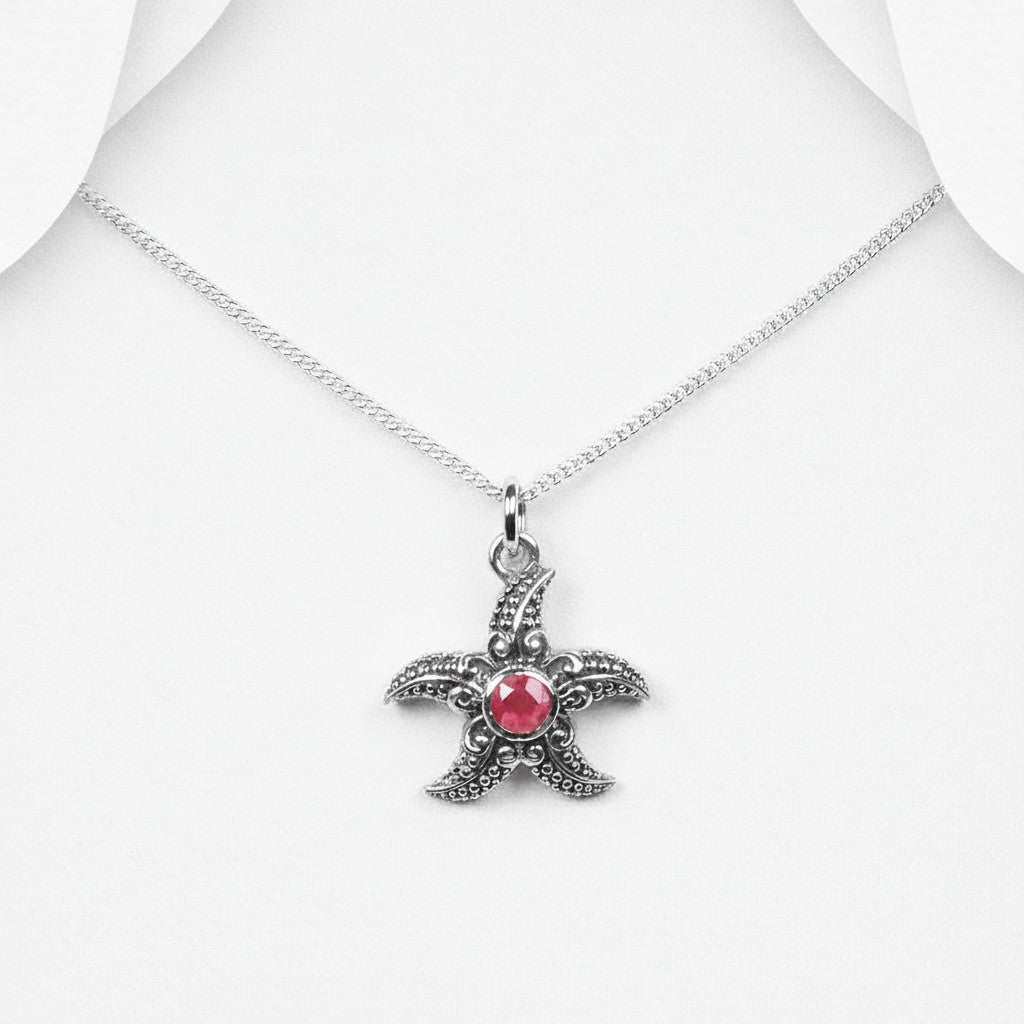 Sterling Silver Starfish Pendant with Ruby Red CZ