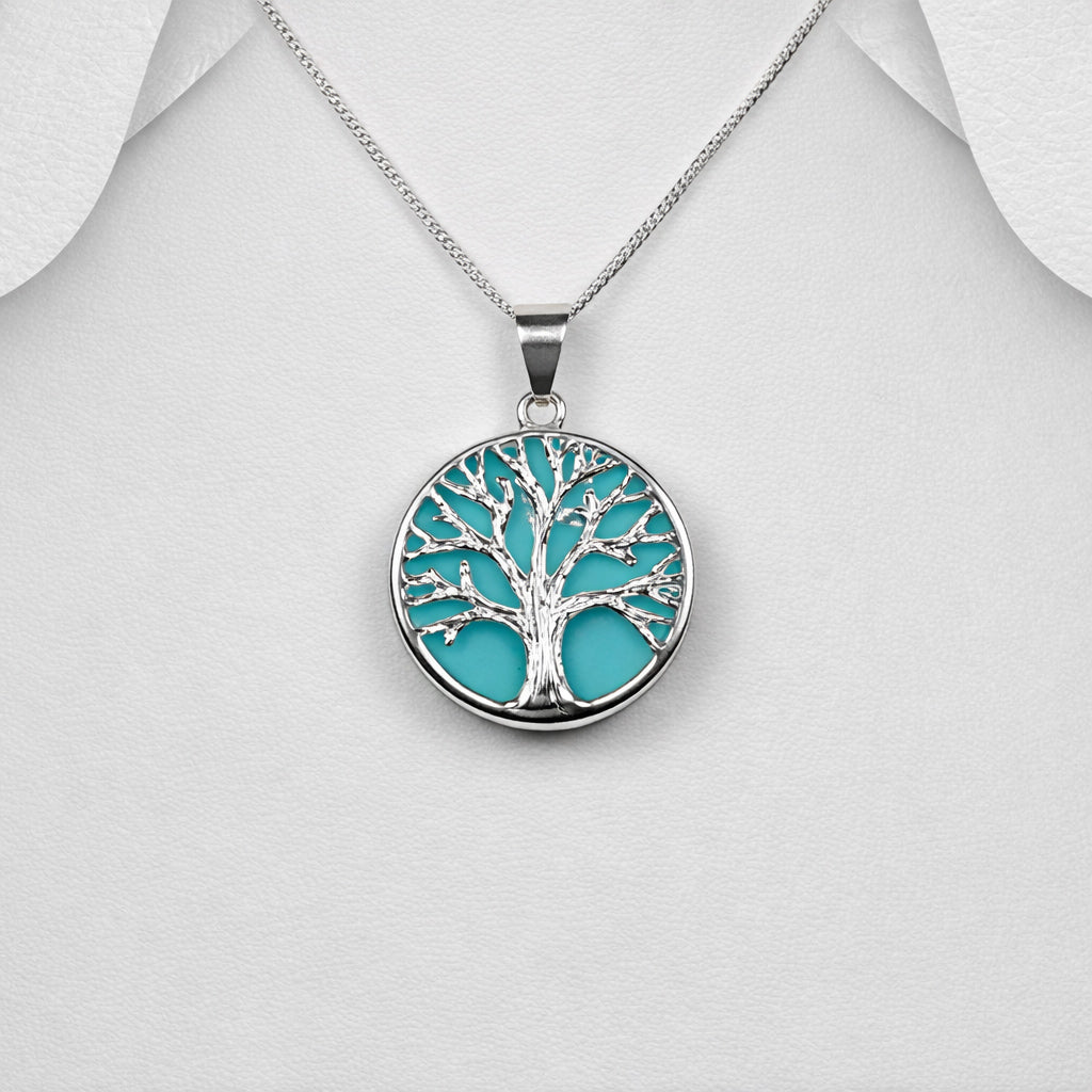 925 Sterling Silver Tree of Life Pendant & Chain Decorated with Larimar Gem Stone