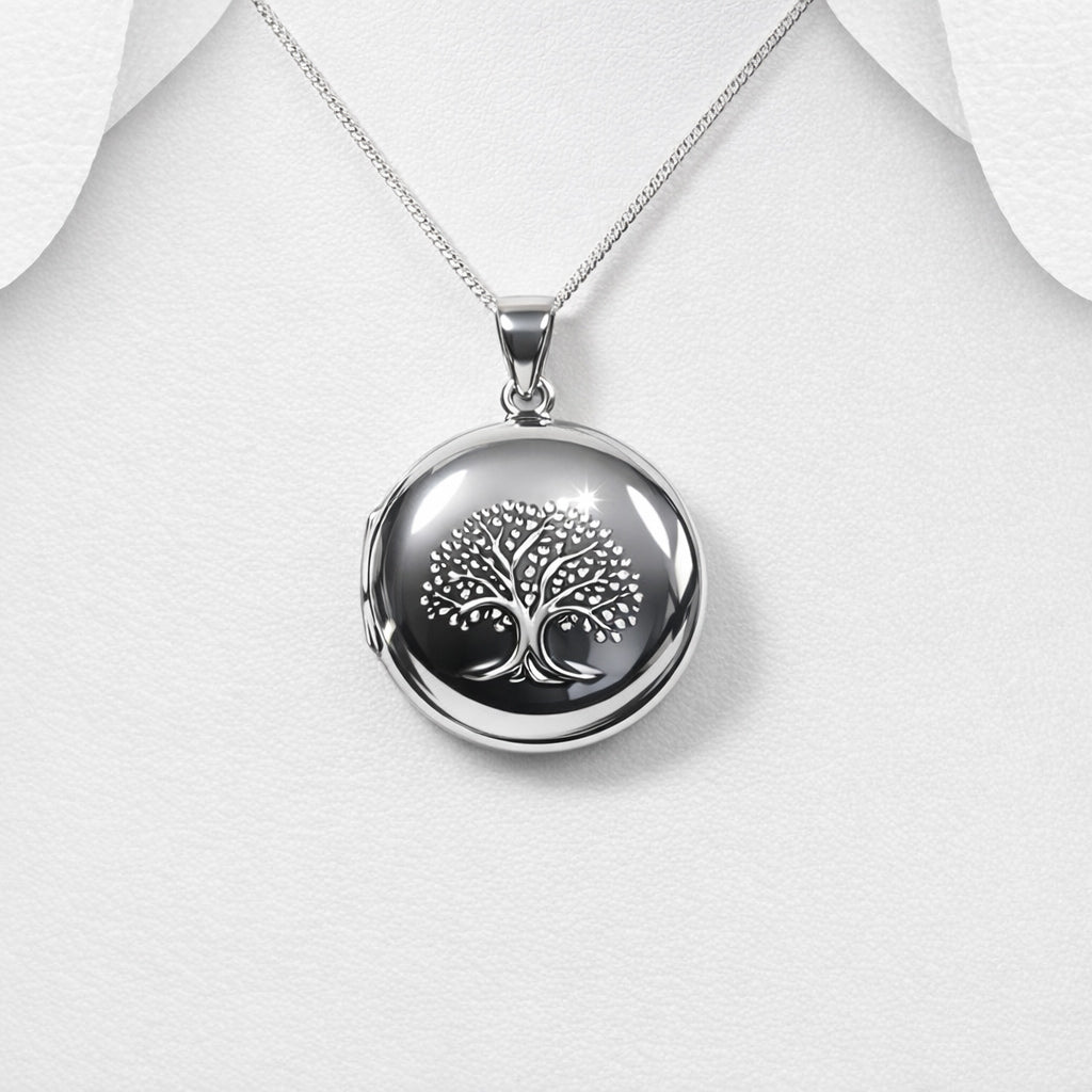 925 Sterling Silver Locket & Chain Engraved with A Tree of Life Symbol