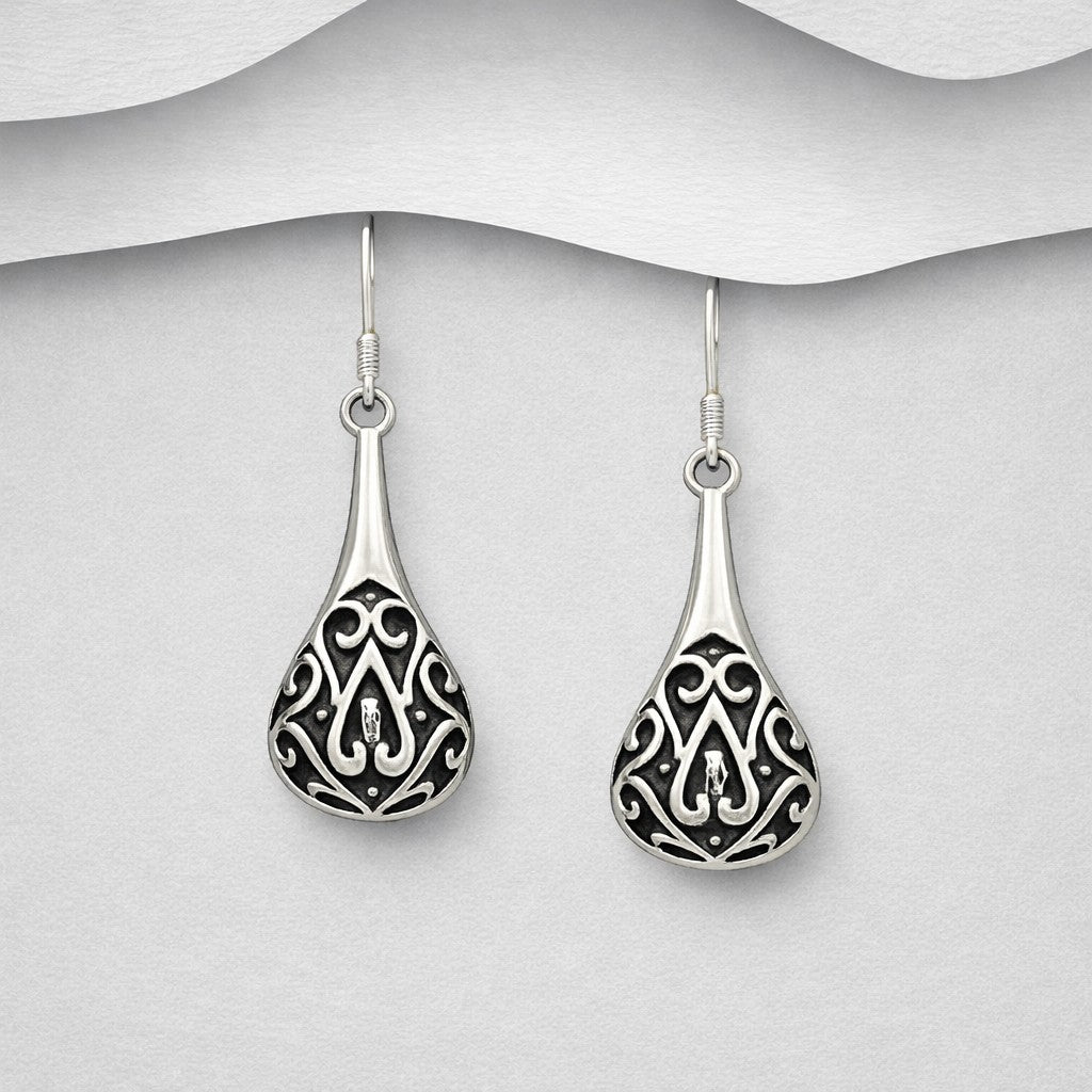 925 Sterling Silver Droplet Filigree Hook Drop Earrings