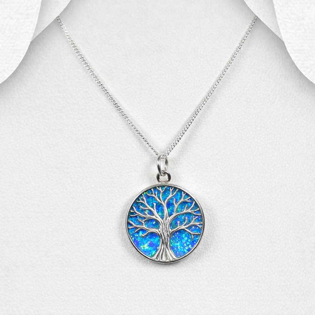 925 Sterling Silver Tree of Life Pendant & Chain Set With a Blue Opal Back Ground