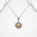 925 Sterling Silver Sunflower Pendant & Chain Decorated with 18ct Yellow Gold Pollen