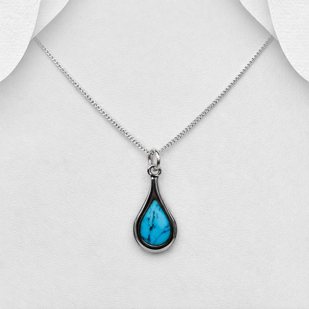 925 Sterling Silver Teardrop Pendant & Chain Decorated with Turquoise Stone