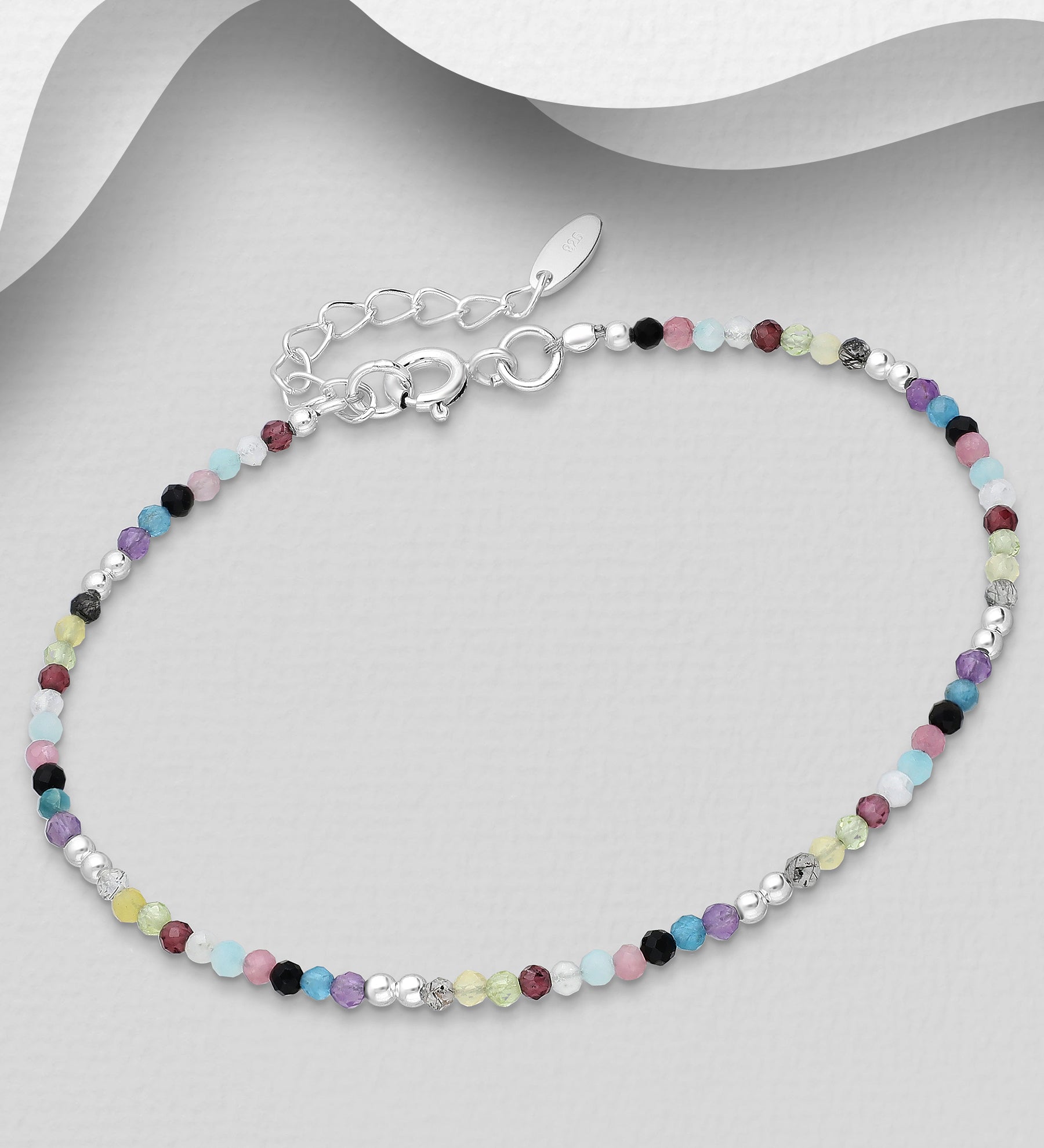 925 Sterling Silver Ball Bracelet, Beaded with Amazonite, Amethyst, Black Agate, Blue Apatite, Garnet, Peridot, Pink Tourmaline and Rainbow Moonstone