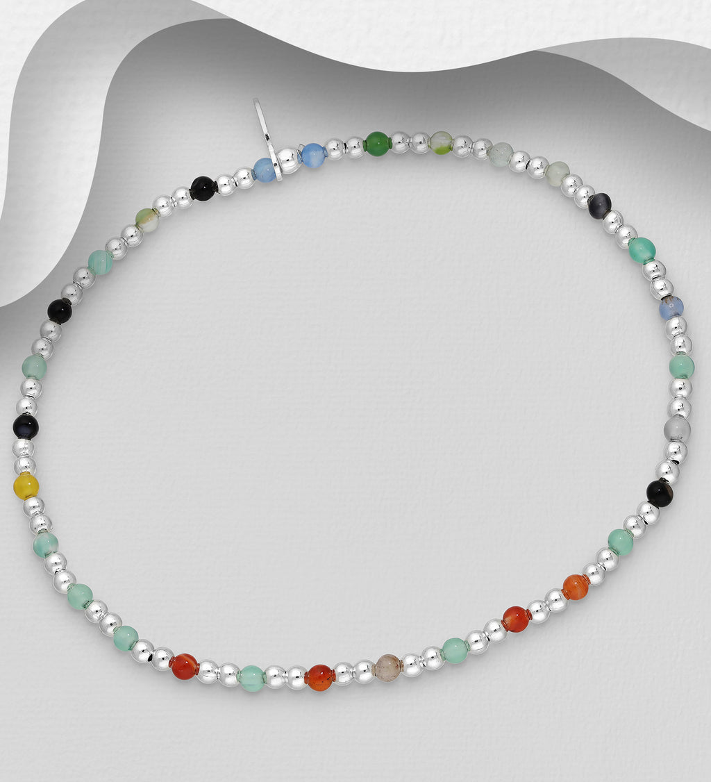925 Sterling Silver Ball Elastic Bracelet, Beaded with Multi Quartz