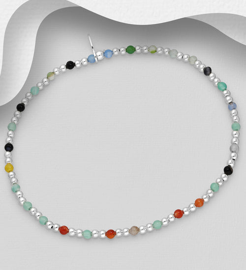 925 Sterling Silver Ball Elastic Bracelet, Beaded with Multi Quartz