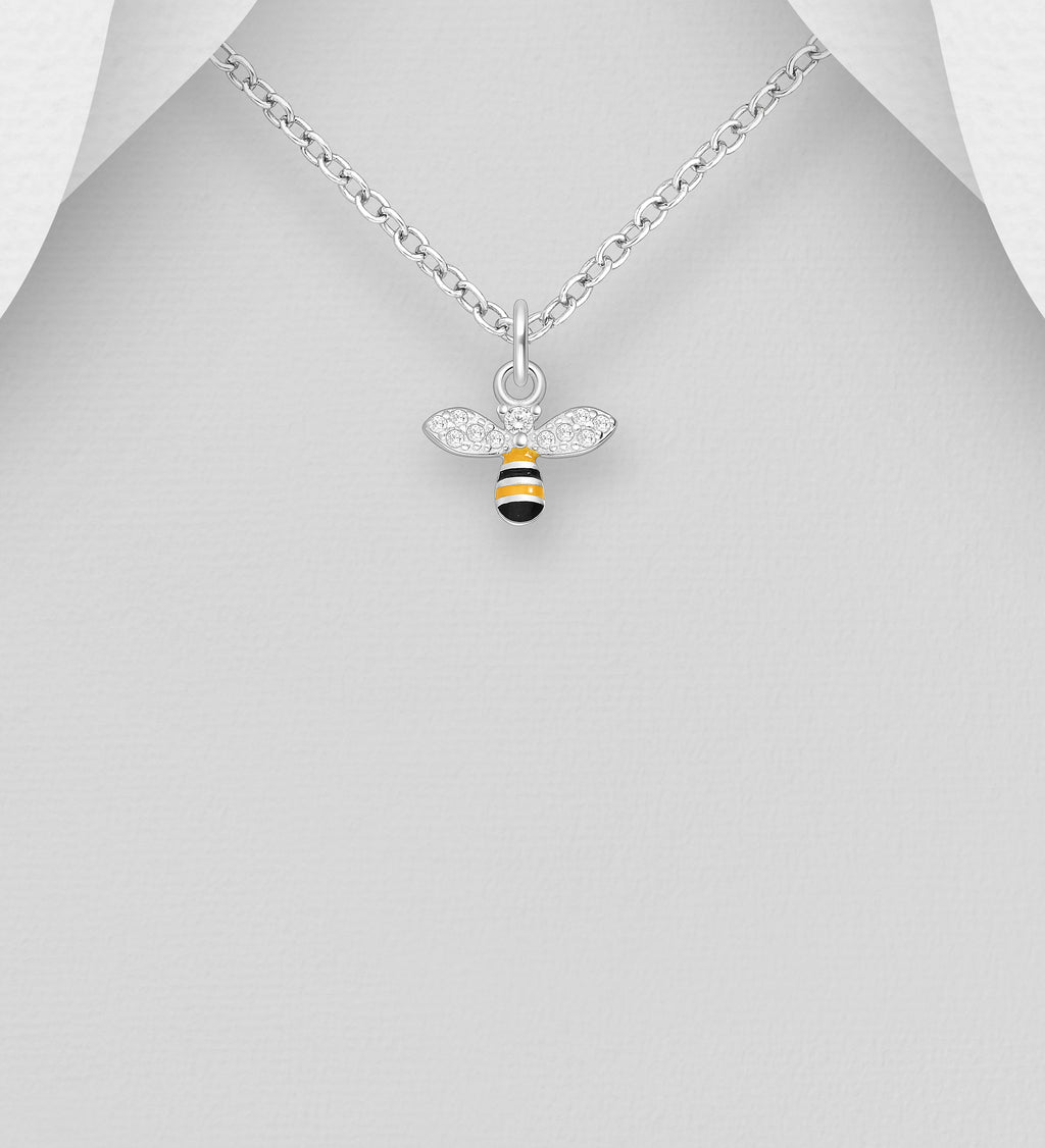 925 Sterling Silver Bee Pendant & Chain, Decorated with Coloured Enamel & CZ Simulated Diamonds