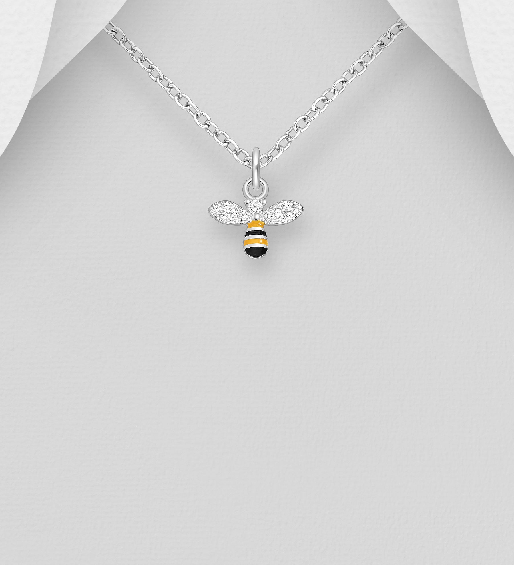 925 Sterling Silver Bee Pendant & Chain, Decorated with Coloured Enamel & CZ Simulated Diamonds