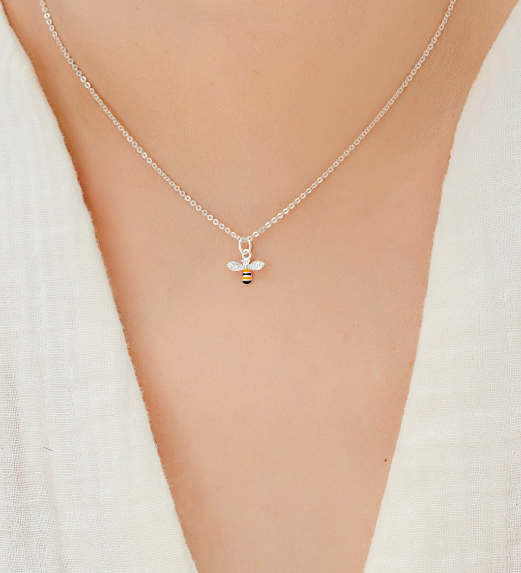 925 Sterling Silver Bee Pendant & Chain, Decorated with Coloured Enamel & CZ Simulated Diamonds